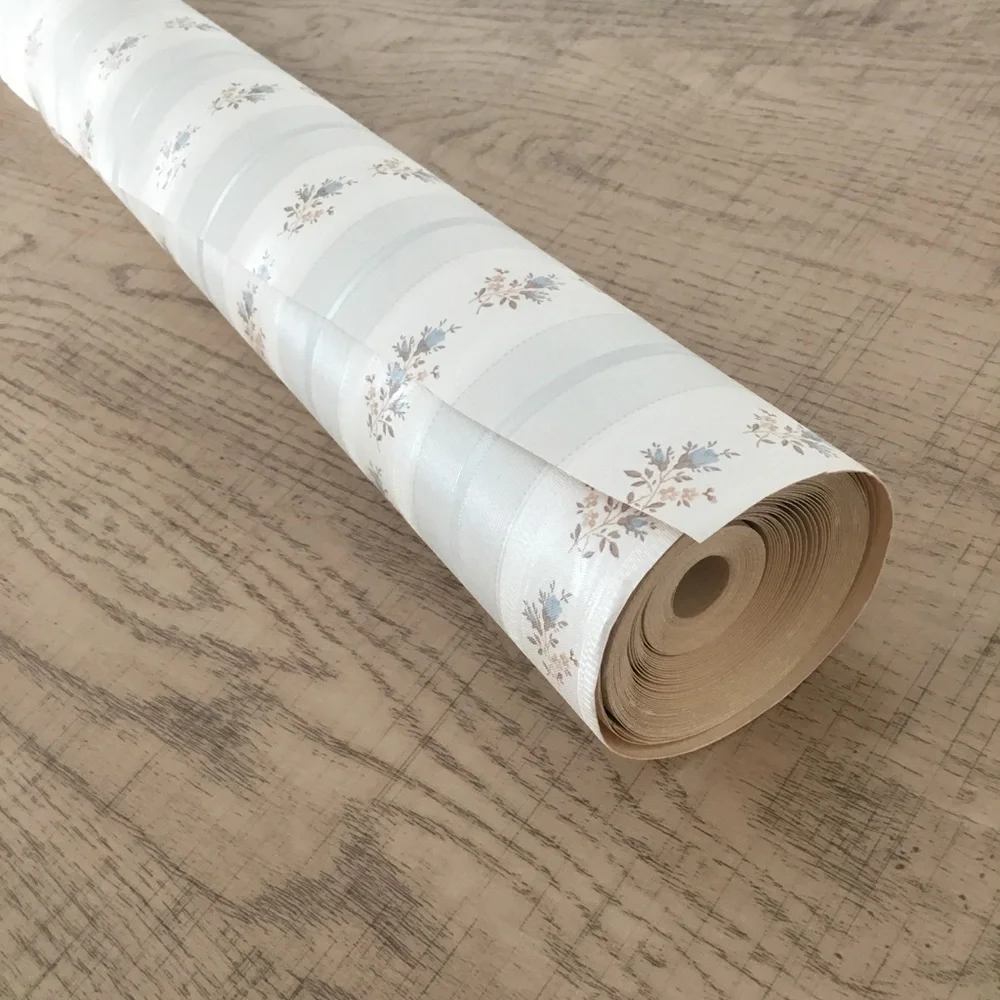 ✨Vintage Shabby Chic Pastel White Blue Stripe Floral Wallpaper